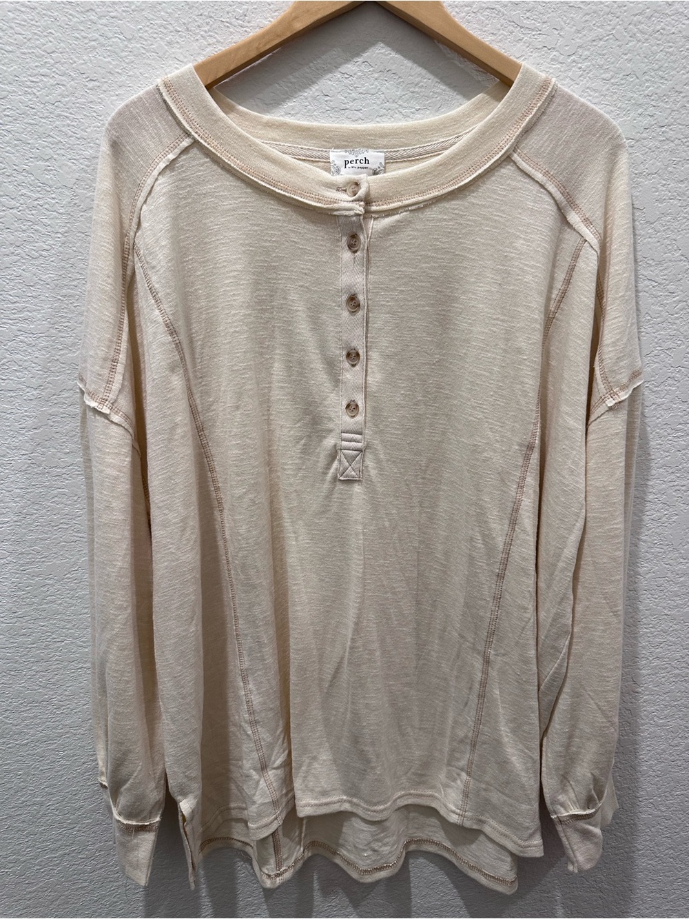 Perch by Blu Pepper Cream Slub Knit Long Sleeve Henley Top 2X Boho Raw Seam